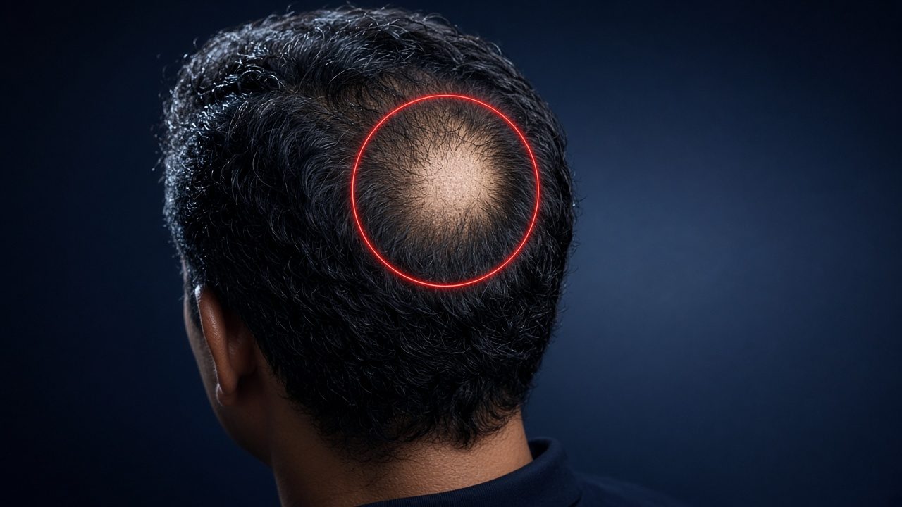 Tompok botak bulat di kepala lelaki, ditanda bulatan merah / A round bald patch on a man's head, marked with a red circle