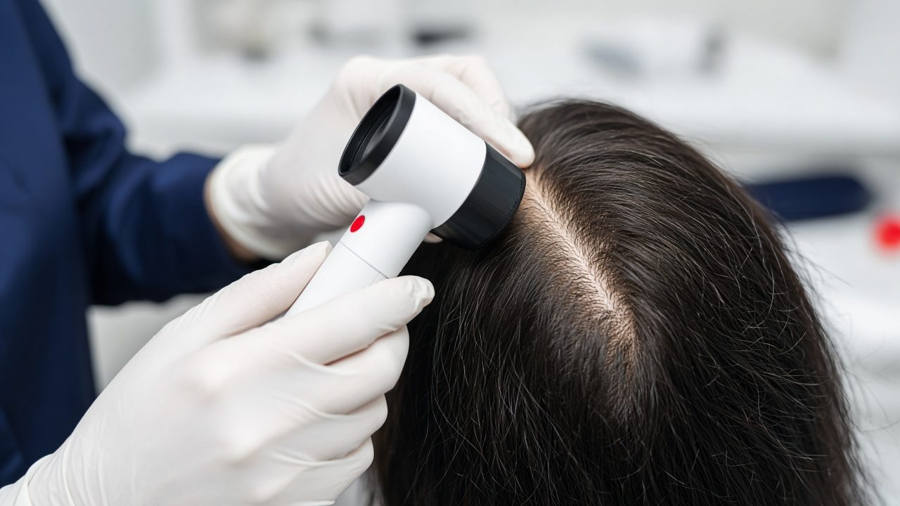 Doktor memeriksa kulit kepala pesakit dengan alat pembesar / Doctor examining a patient's scalp with a magnifying scope
