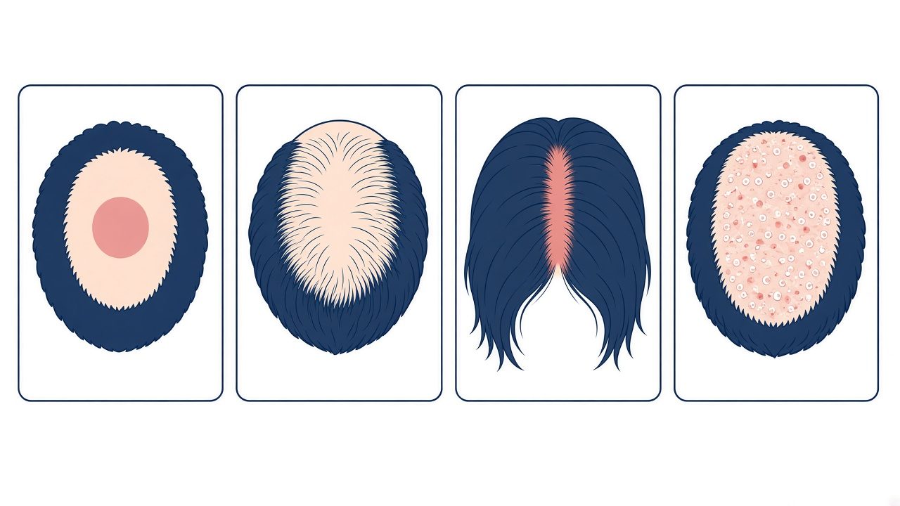 Ilustrasi 4 jenis rambut gugur: tompok botak bulat, botak corak, belahan rambut menipis dan kulit kepala bermasalah / Illustration of 4 hair loss types: round bald patch, pattern baldness, widening parting and problem scalp