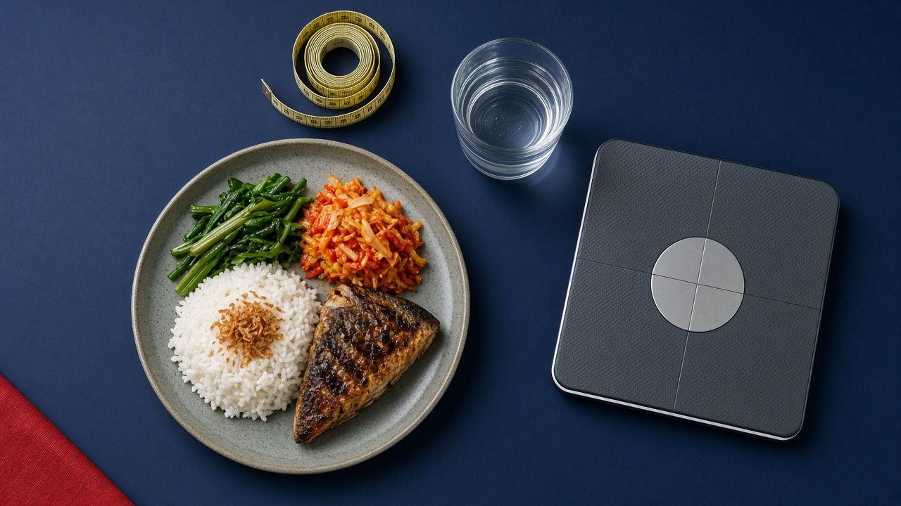 Pinggan makanan seimbang, pita ukur dan penimbang / Balanced meal plate, measuring tape and scale