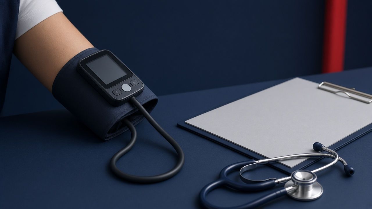 Alat tekanan darah, stetoskop dan papan klip / Blood pressure monitor, stethoscope and clipboard