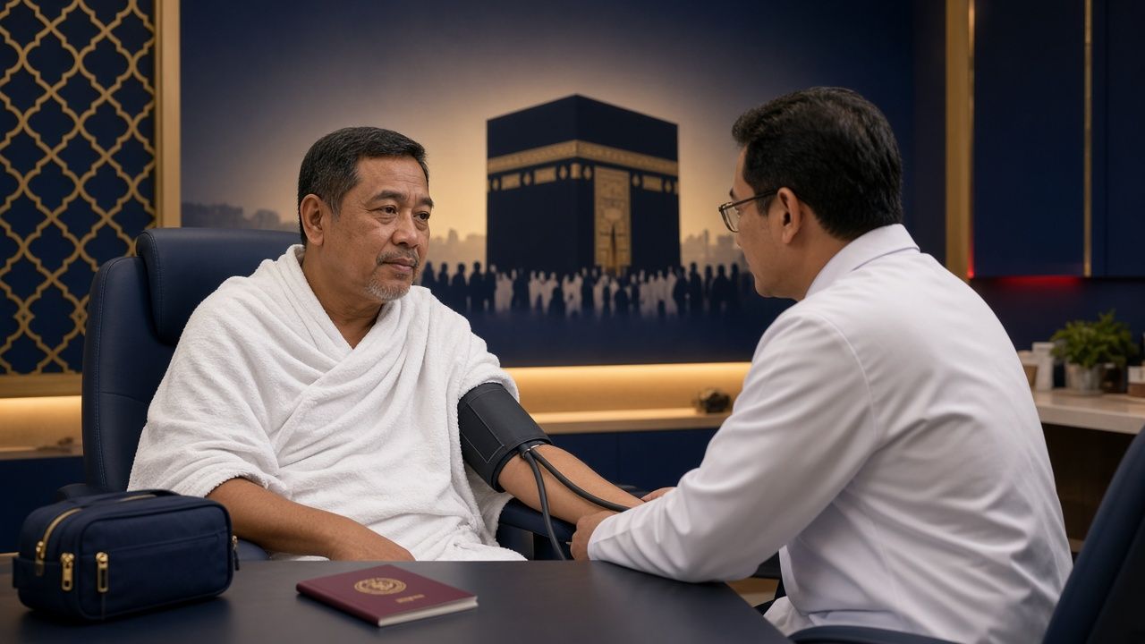 Doktor memeriksa tekanan darah bakal jemaah haji / Doctor checking a Hajj pilgrim's blood pressure