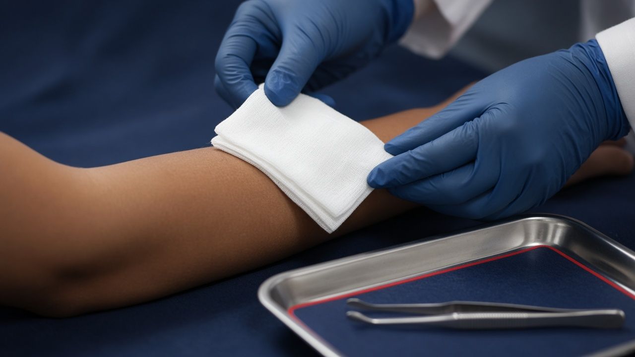 Luka di lengan dibalut dengan kain kasa / A wound on the arm being dressed with gauze