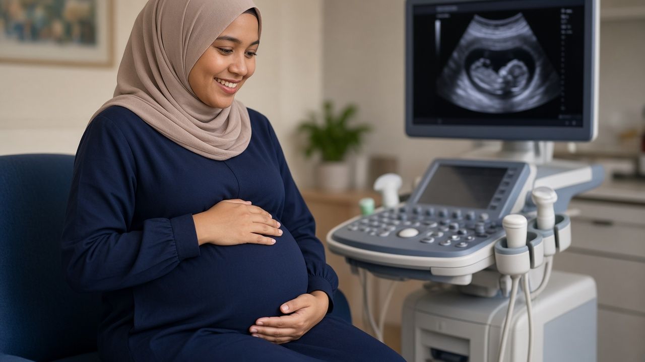 Ibu mengandung di sebelah mesin ultrasound / Expectant mother beside an ultrasound machine
