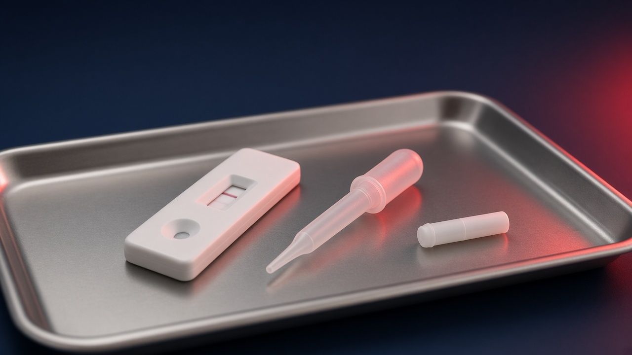 Kit ujian pantas di atas dulang / Rapid test kit on a tray