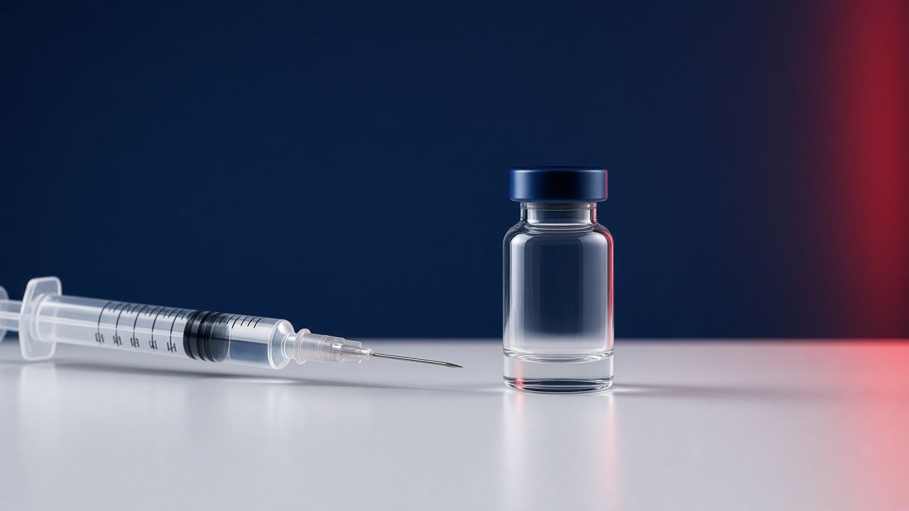 Picagari dan botol vaksin di atas meja / Syringe and vaccine vial on a table